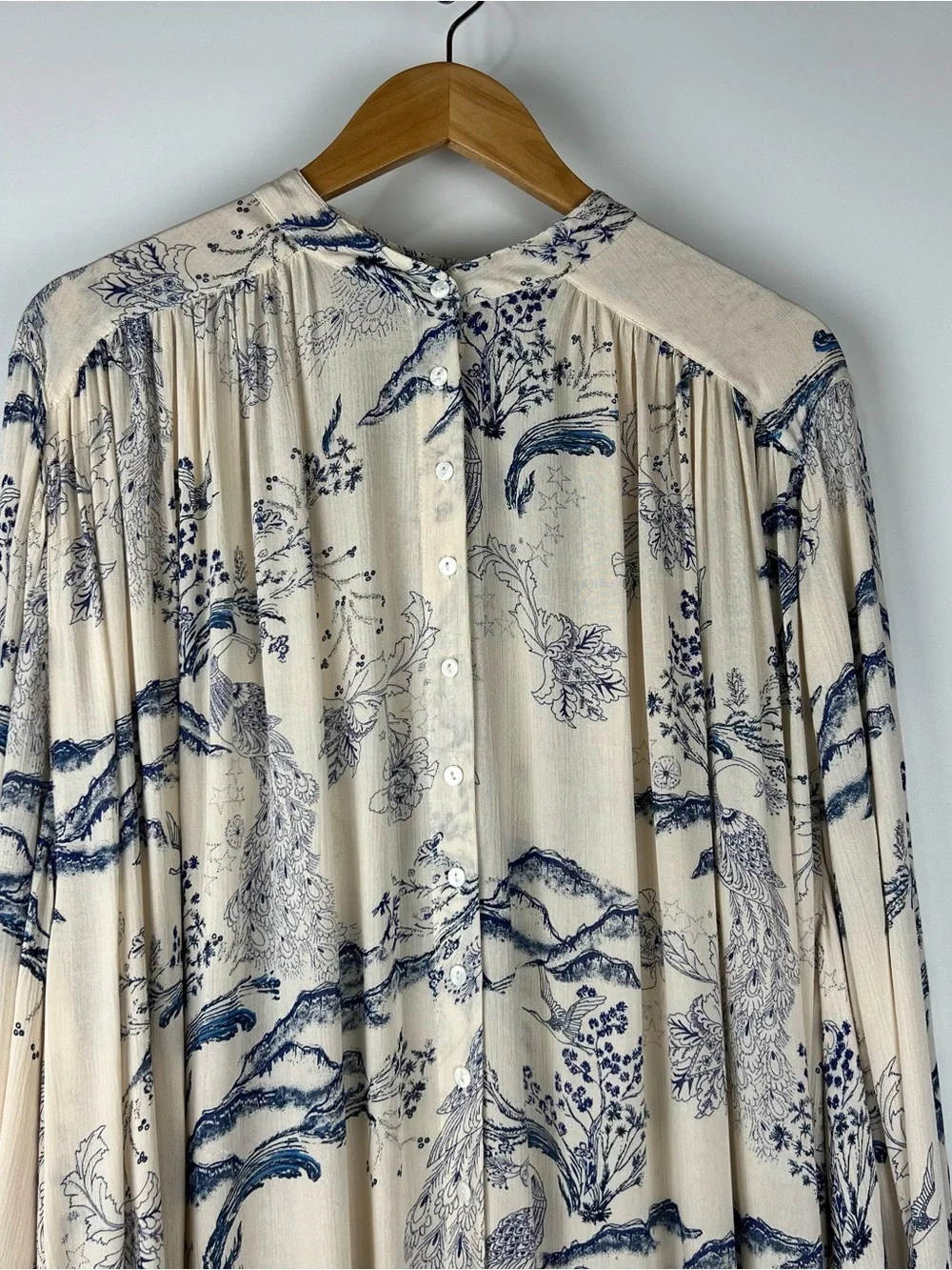 NWOT Free People Metallic Blooms Oversized Boho Floral Blouse Cream Blue Size M